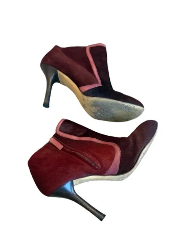 Etro Burgundy Calf Hair Ankle Booties Boot Leather Trim Stiletto Size 40 Women's - Image 3