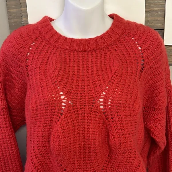 Madewell Women’s Heavy Weight Everett Cable Knit Pullover Red Sweater-Small - Image 3