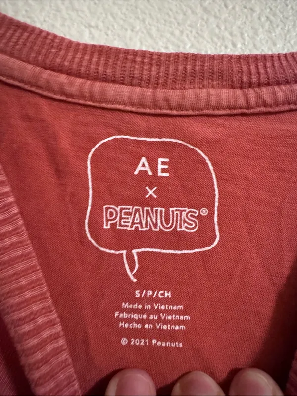 American eagle Peanuts Vintage-Style Maroon Graphic Tee with Striped Sleeves - Image 2