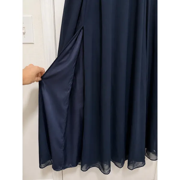 JJs House Navy Lace Chiffon Formal Gown High Slit Adjustable Straps Maxi Dress - Image 4