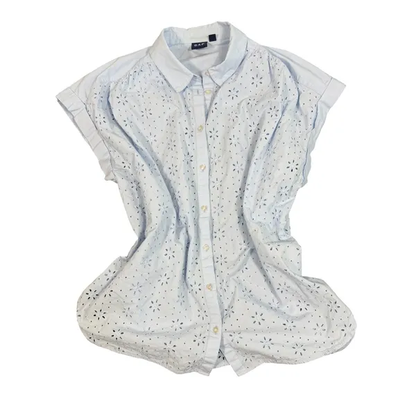 Gap Eyelet Blouse Womens L Light Blue Embroidered Button Front Cap Sleeve Top - Image 10