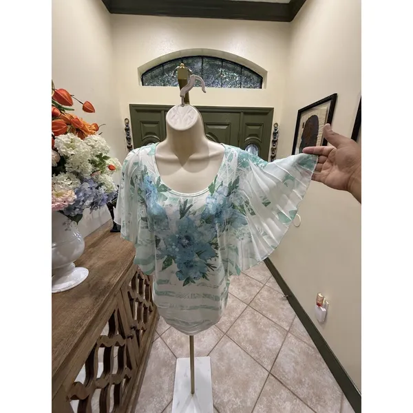 Express Blue Floral Top with Sheer Butterfly Sleeves – Women's Size Small - Image 3