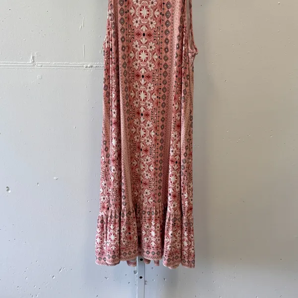 LOFT Outlet Pink Floral Medallion Halter Swing Dress XL Ruffle Hem Keyhole Back - Image 4