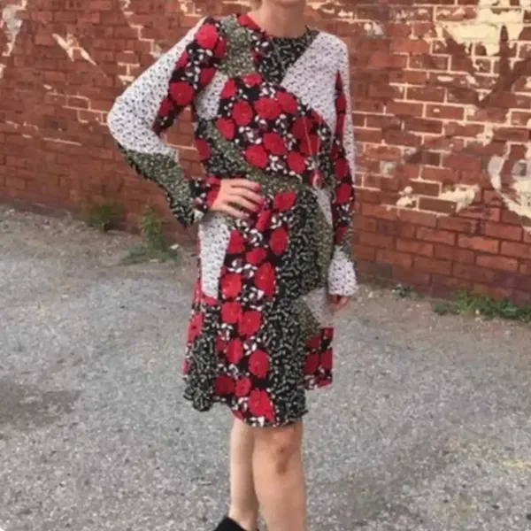 Libby Edelman Patchwork Long Sleeve Dress in Multi‎ Size Large Red - Image 2