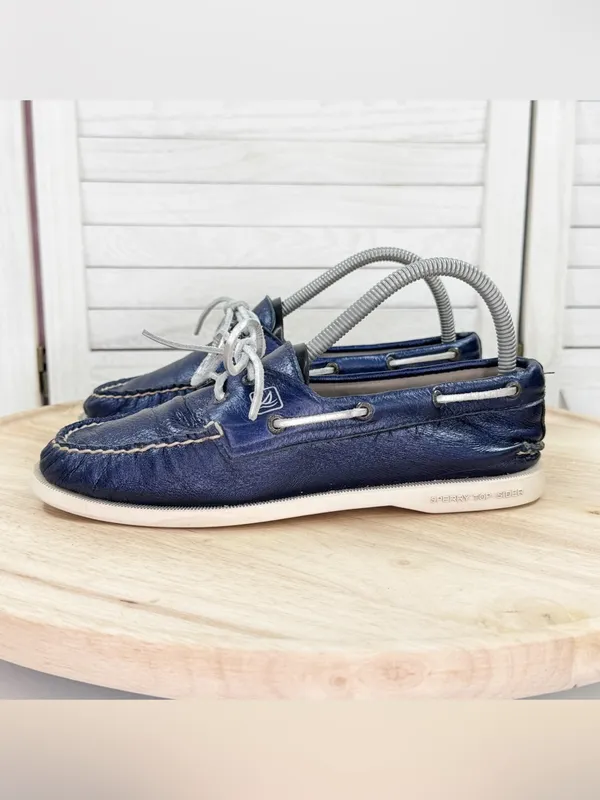Sperry Top Sider Leather Boat Shoe Metallic Navy Blue Women Size 8 Slip On - Image 3
