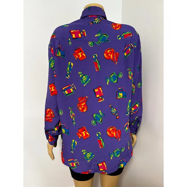 Chaus Vintage 80s Purple Perfume Bottle Print Button Down Blouse Womens Medium 6 - Image 8