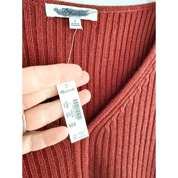 Madewell | NWT Merino Wool Ribbed V Neck Sweater Top Deep Rust | Sz S - Image 4
