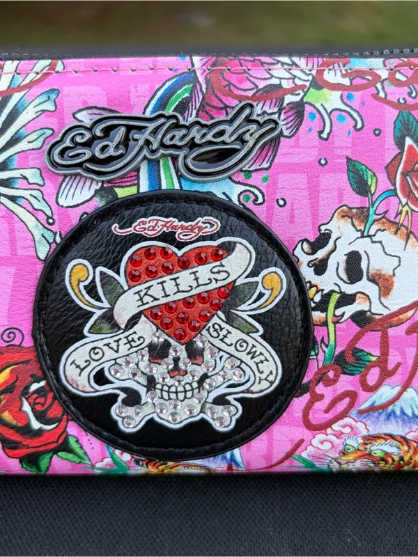 Ed Hardy Pink Tattoo-Print Zip-Around Wristlet Wallet - Image 6