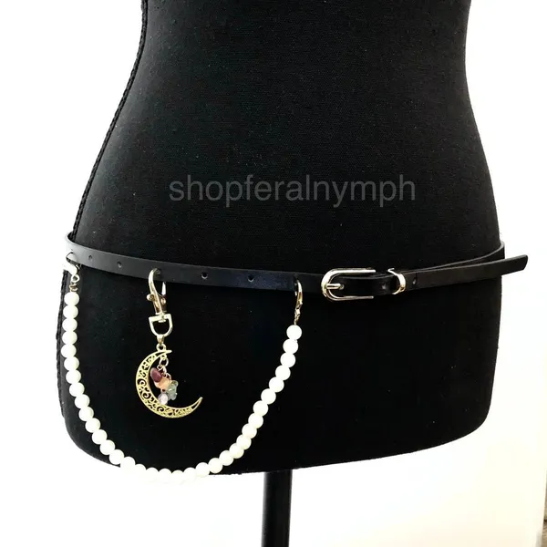 Y2K Celestial Black Faux Leather Pearl Moon Belt, Fits 33–35 Inches, X7GA1232 - Image 2