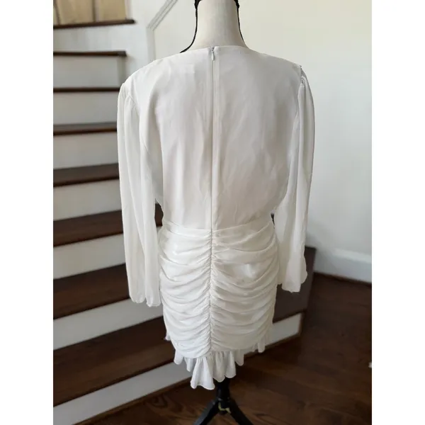 Showpo White Mini Long Blouson Sleeve Plunge V-Neck Ruched Dress - Image 2