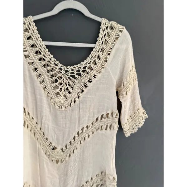 Boho Crochet Macrame Handkerchief Hem Tunic Top Cream‎ V-Neck Festival Gauze L - Image 3
