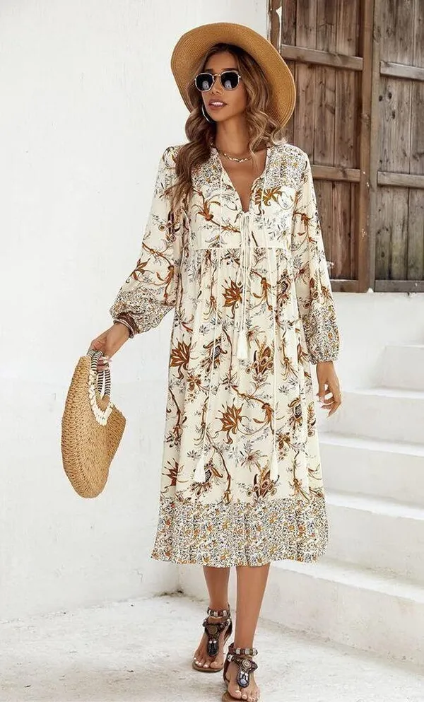 NEW Long Sleeve Floral Print Retro V Neck Tassel Bohemian Midi Dress 2X - Image 2