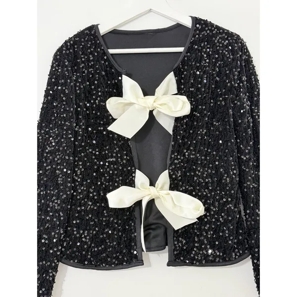 Sequin Bow Jacket Womens Medium Black Cropped Tie Front Evening Party - Image 3