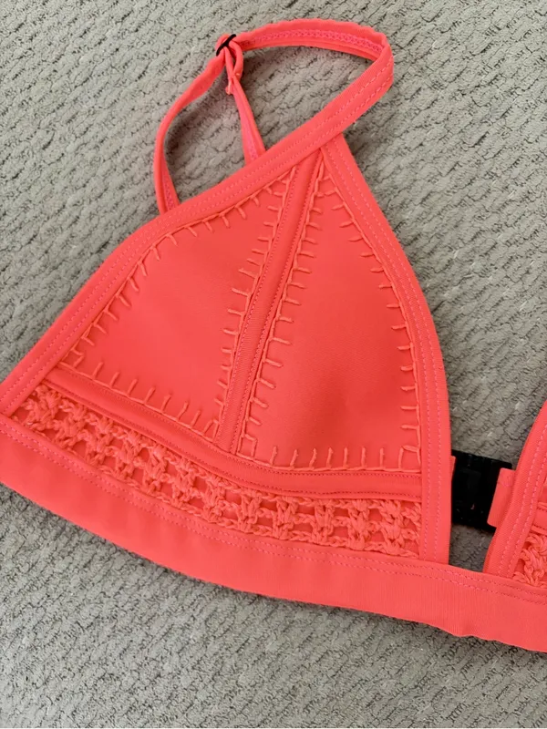 Triangl Bikini Top Neon Coral Neoprene Crochet Whipstitch Triangle Size Small - Image 3