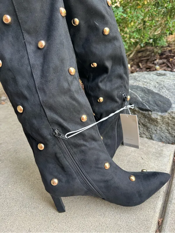a new day Black Knee-High Studded Boots with Gold Studs 7.5 NWT - Image 6