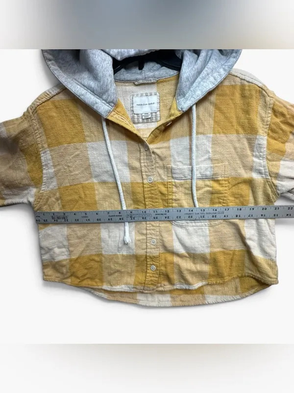 American Eagle Hooded Plaid Flannel Shirt Women Small Mustard Yellow Cropped - Image 5