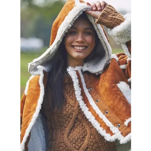 Free‎ People Vegan Leather Shearling Hooded Jacket Small Bohemian Western Winter - Image 5