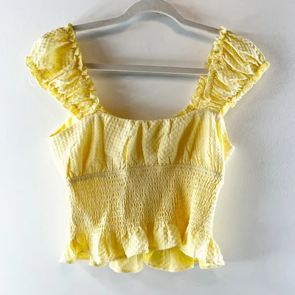 Lush Smocked Cap Sleeve Tie Front Top Blouse Butter Yellow Medium - Image 3