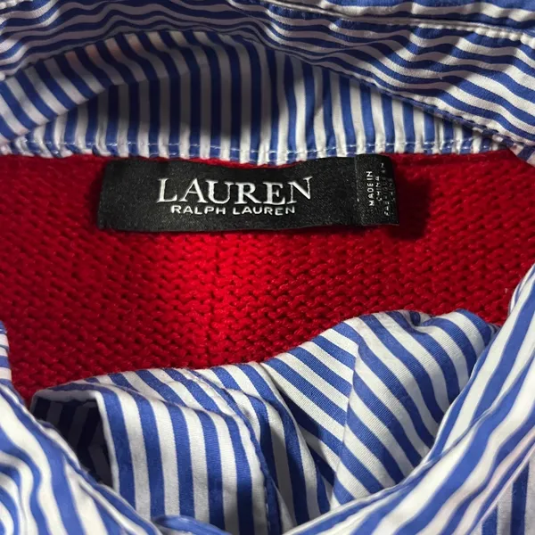 Lauren Ralph Lauren Sweater Womens Large‎ Red Faux Layered Pinstripe Shirt Trim - Image 3
