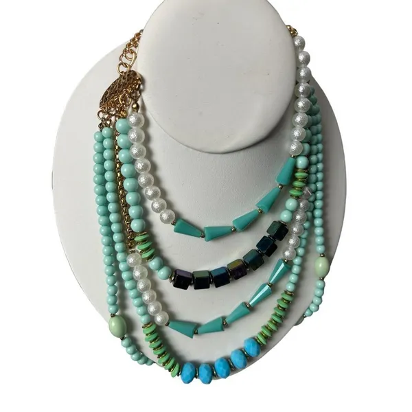 Turquose and faux pearl 5 layer statement necklace - Image 2