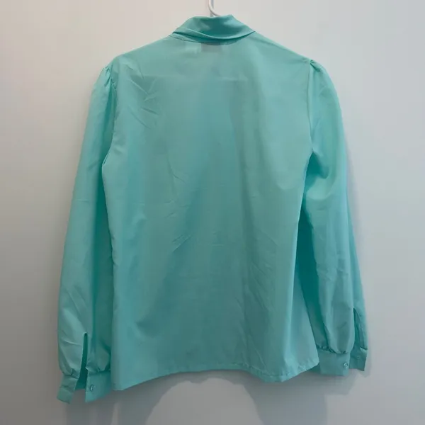 Judy Bond Vintage Women's Size 10 Aqua Bow Blouse Long Sleeve Button Up - Image 7