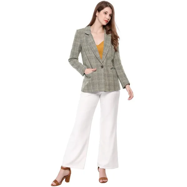 New! Allegra K Women's Plaid Blazer One Button Lapel Neck‎ Jacket - Image 2