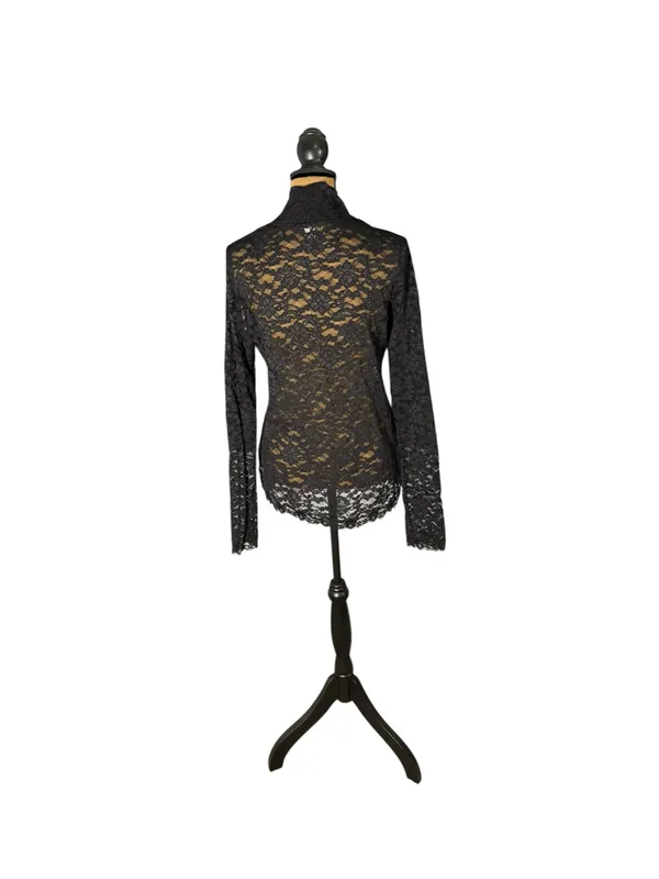 Moda International Black Lace Mock Neck Top M Sheer Long Sleeve Y2K Goth Grunge - Image 4