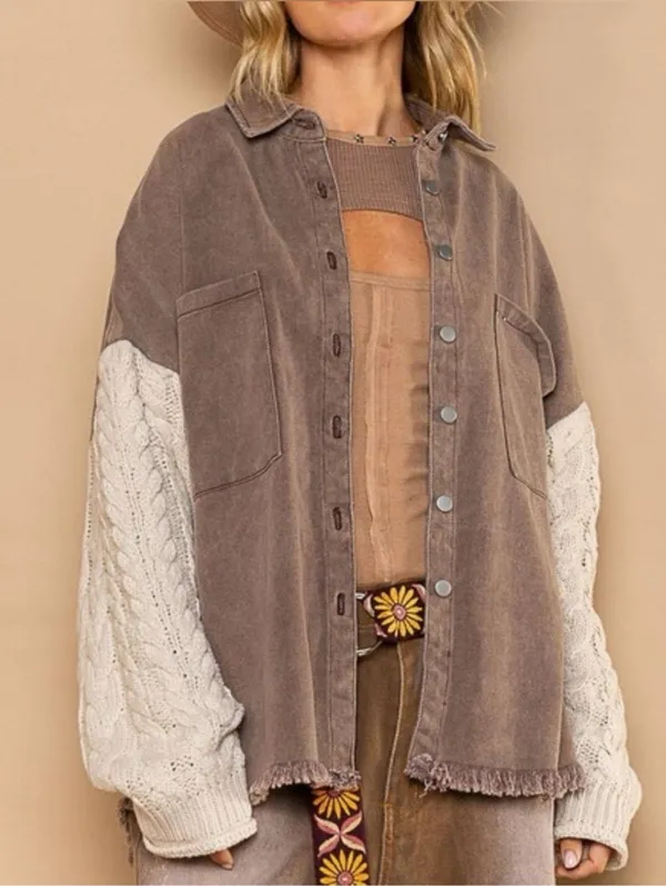 POL Cable Knit Sleeve Shacket Chocolate & Cream Small - Image 2