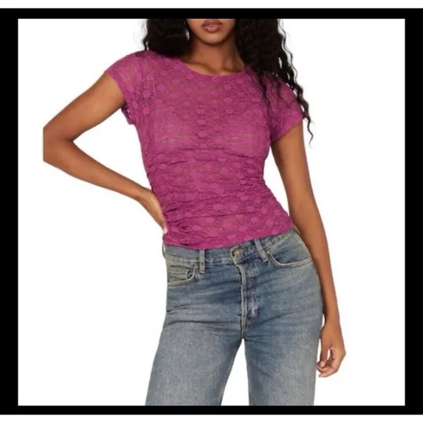 FREE PEOPLE Keep it simple lace baby‎ tee In Dramatic Orchid Pink purple NWT - Image 12
