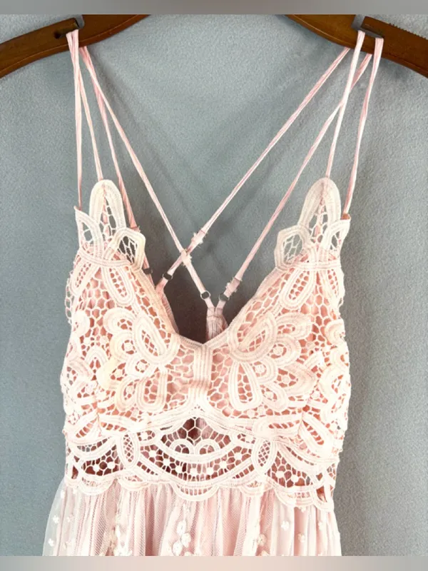 Main Strip M Balletcore Romance Blush Pink Lace Maxi Dress with Strappy Back - Image 3
