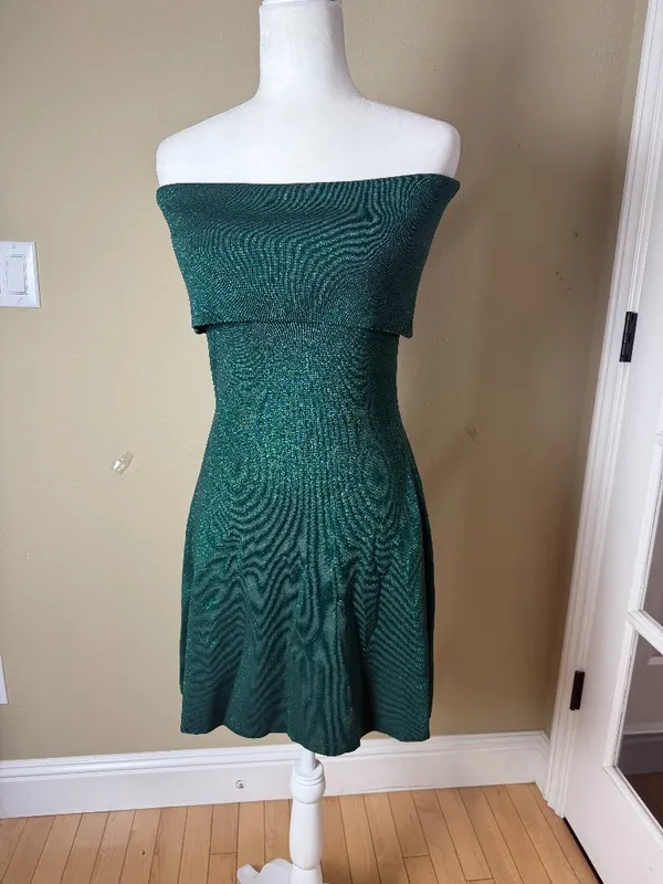 Anthropologie Endless Rose Lurex Knit Off Shoulder Sparkly Green Dress Size Smal - Image 2