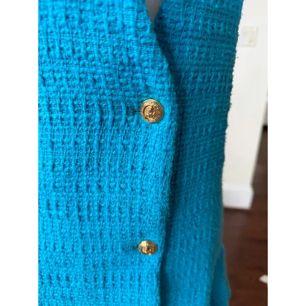NWT Zara Teal Blue Boucle Tweed Sleeveless Plunge Flutter Hem Mini Shirt Dress - Image 2