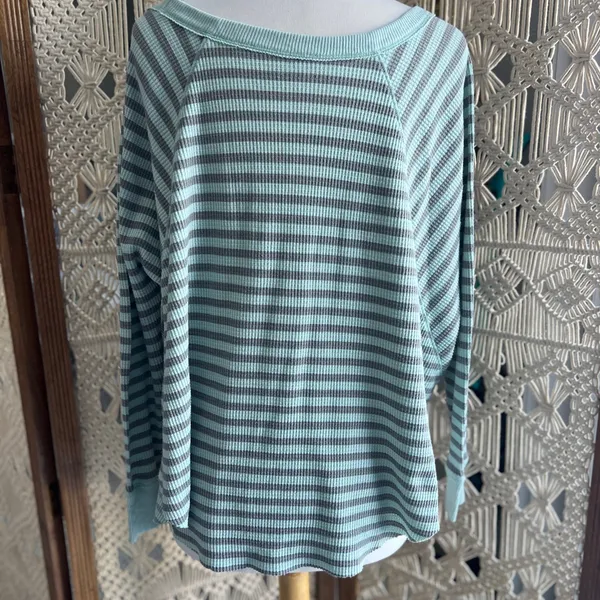 We The Free Free People Striped Mint and Gray Waffle Knit Long Sleeve Bat Wing Top - Image 6