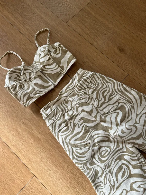 Neutral Swirl Print High-Waist Wide Leg Pant Set - Image 6