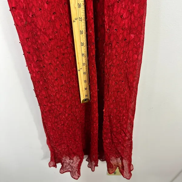 Vision‎ Apparel Dress 6 Red Silk Sequin Sheer Sleeve Midi Gown Y2K Vintage Glam - Image 4