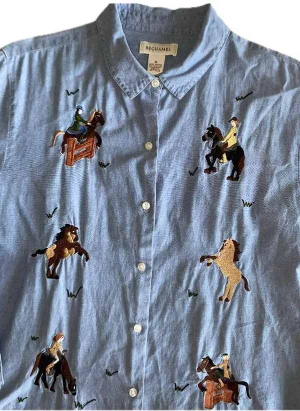 Bechamel Embroidered Cowboy Denim Buttondown Top Size XL - Image 4