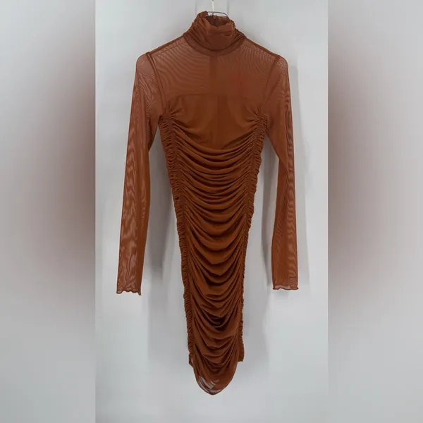 HUGO Women Mesh Ruched Long Sleeve‎ Dress Rustcopper Size xs nwt - Image 6
