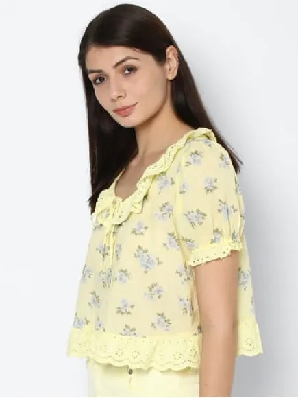 American Eagle Yellow Floral Ruffle Lace-Trim Women's Top - Image 2