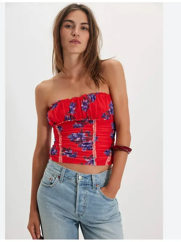 NWOT Free People Scottie Printed Tube Top Floral Red - Image 2