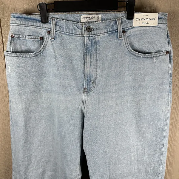NEW Abercrombie & Fitch 90s Relaxed High Rise Jeans 33/16R Distressed Light Wash - Image 2