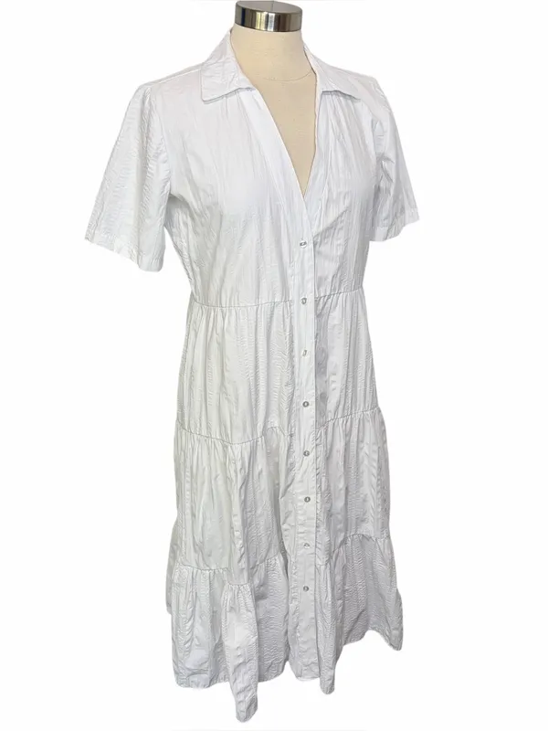 STRADIVARIUS Tiered Short-Sleeve‎ Midi Shirt Dress in White, Medium - Image 4