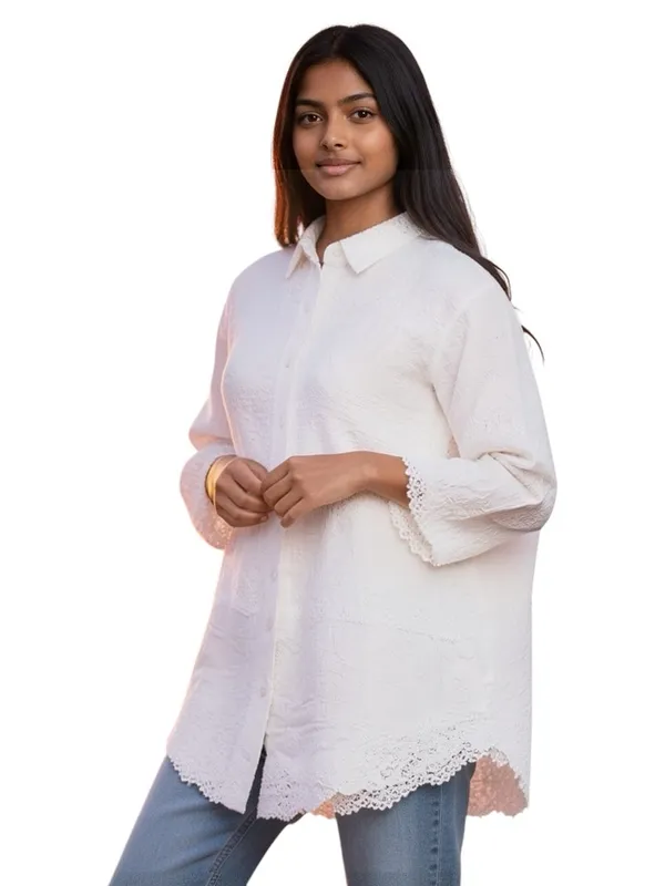 White Embroidered Cotton Gauze Lace Button Front Cottagecore Boho Blouse XL Top - Image 3