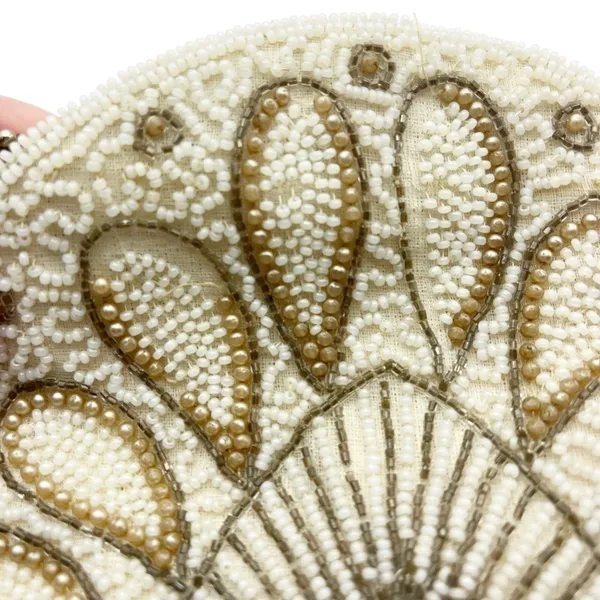 Vintage Hand Beaded Art Deco Clutch Wristlet Half Moon Shell Shape Ivory Bell - Image 3