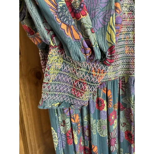 Gypsy Love Maxi Dress Med Tiered Balloon Sleeve Smocked Floral Mod Boho Peasant - Image 5