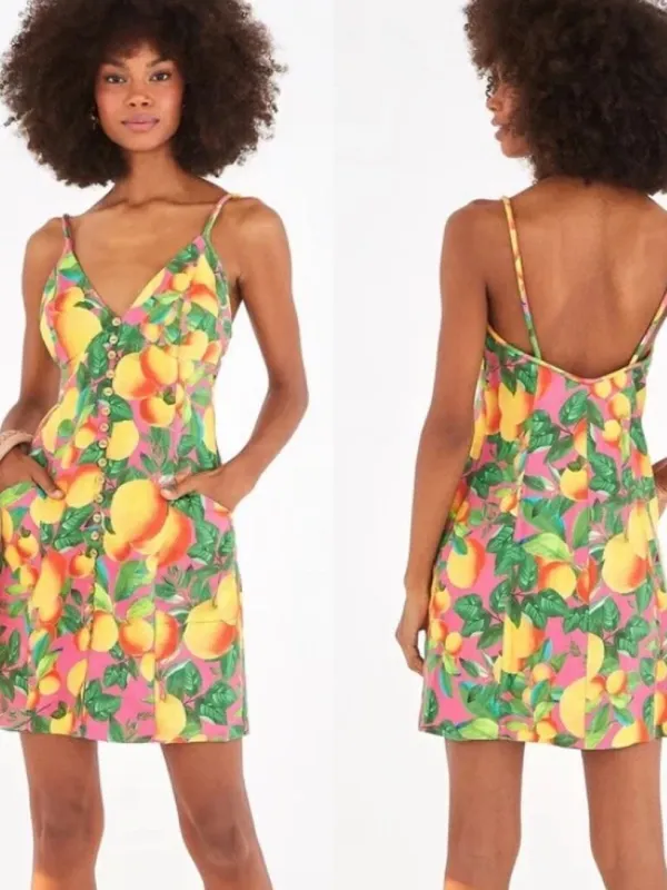 Farm Rio orange sunset linen mini summer sun dress fruit novelty tropical prnt S - Image 2