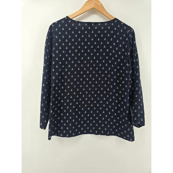 J.Crew Silk Blouse Women 6‎ Anchor Print Navy Blue Gold Button Boatneck* - Image 4