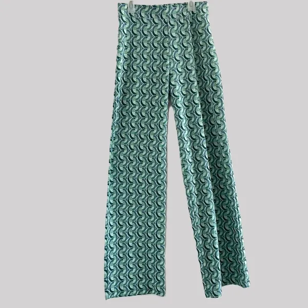 ZARA Printed Wide Leg Pant Green Blue Geometric High Waist Stretch MEDIUM - Image 3