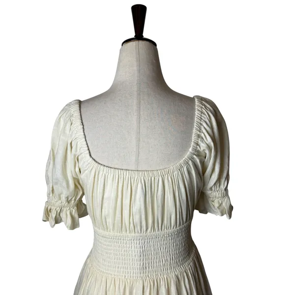 Sabo Mini Dress Women XS Ivory Linen Blend Smocked Puff Sleeve Boho Peasant - Image 5