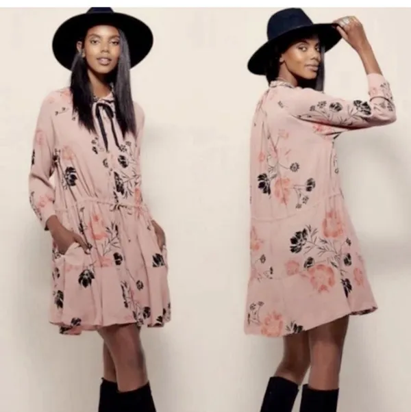 Free People BONNIE Dusty Rose Rayon Print Long Sleeved Mini Dress Size Small - Image 2