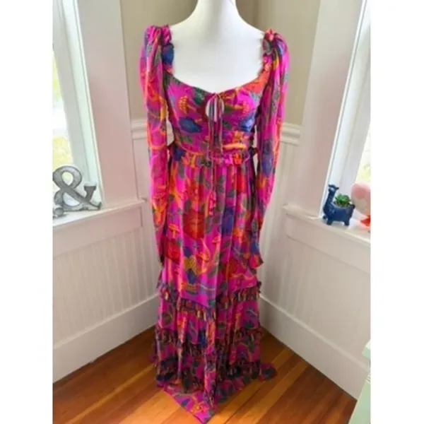 Farm Rio Sweet Forest Tiered Maxi Dress in Vibrant Pink Tropical Print Small - Image 11
